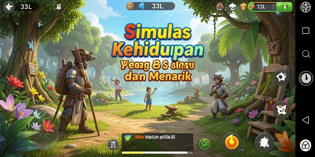 Screenshot gameplay 33L menunjukkan karakter berinteraksi dan menjalani aktivitas sehari-hari.