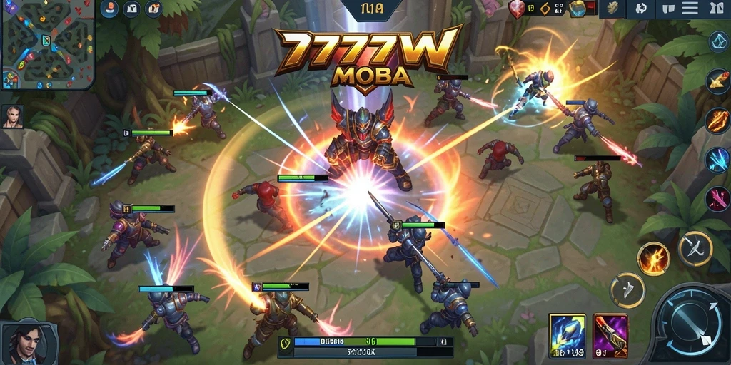 Tangkapan layar 7777W menunjukkan serunya pertarungan MOBA.
