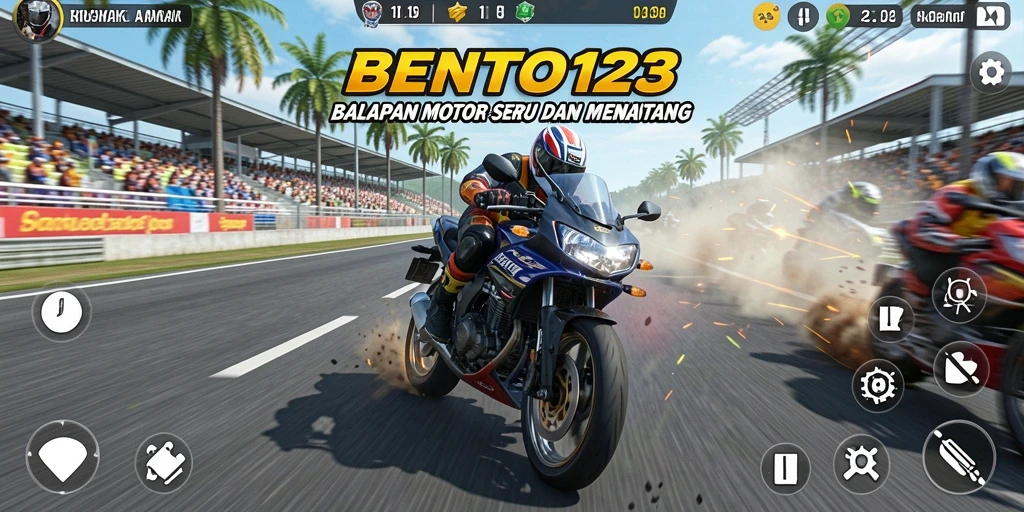 Screenshot gameplay BENTO123 menampilkan aksi balapan motor yang mendebarkan.