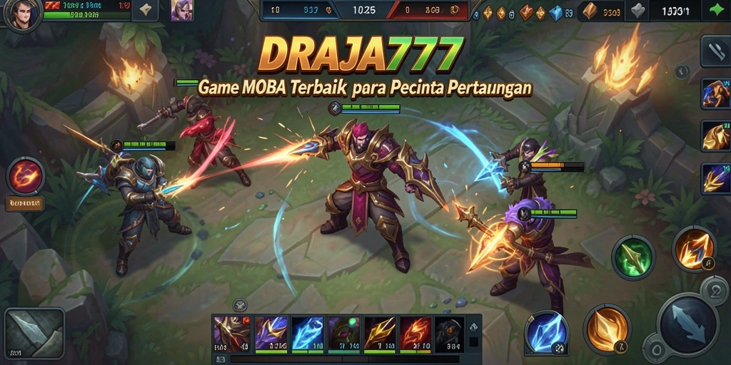 Screenshot gameplay DRAJA777 dengan pertempuran MOBA yang intens.