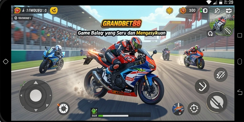 Screenshot gameplay <strong>GRANDBET88</strong> menampilkan balapan motor yang mendebarkan dan grafis yang detail.
