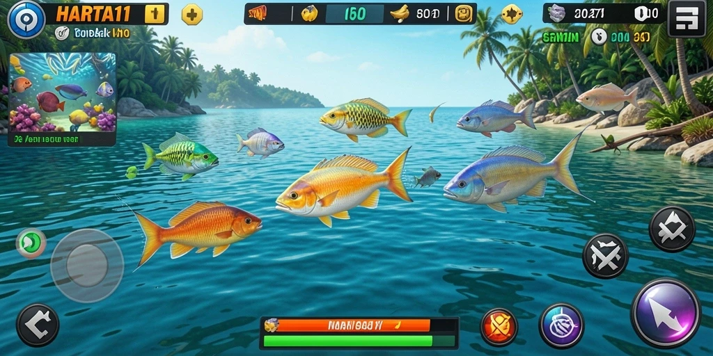 Tampilan gameplay HARTA11 yang menegangkan dengan tembakan ikan berwarna-warni.