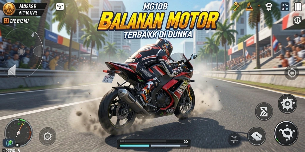 Screenshot gameplay MG108 menampilkan aksi balapan motor yang mendebarkan.