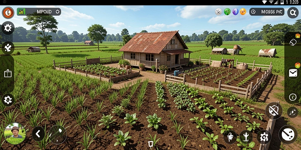 Screenshot gameplay MPOID menampilkan kebun virtual yang indah dan interaktif.