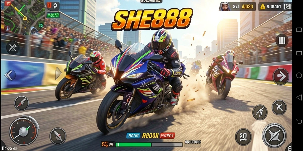 Tangkapan layar gameplay SHE888 menunjukkan aksi balapan motor yang intens.